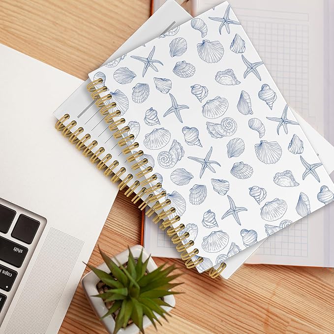 Vintage Ocean Blue Coast Notebook, Summer Seashell Starfish Journal Notebooks for Girls Women, Trendy Coastal Coquette Stuff Planner School Supplies Hardcover Spiral Notebook 5.5x8.3 Inch