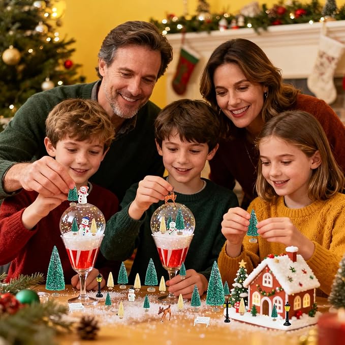 PLULON 33Pcs Christmas Village Accessories for Crafts Mini Christmas Trees Xmas Figurines Ornaments Bottle Brush Trees Snowman Deer Micro Landscape for Winter Holiday Home Party Decorations