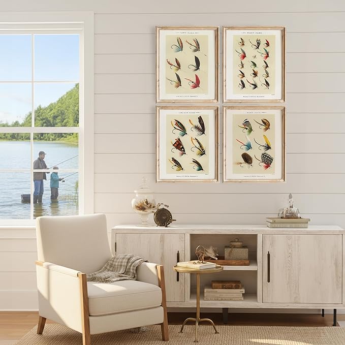 DREAM BIG PRINTABLES Vintage Fly Fishing Art Prints (Set of 4) - Unframed - 8x10 | Great Gift for Fisherman - Reproductions of Vintage Fishing Lure Drawings - Rustic Decor
