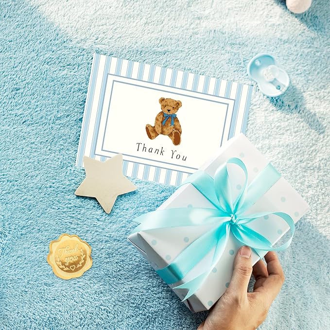 JarThenaAMCS 24 Pack Bear Thank You Cards Blue Stripe Bear Greeting Cards with Envelopes Stickers Cute Blank Note Card for Birthday Baby Shower Party Supplies, 4 x 6 Inch