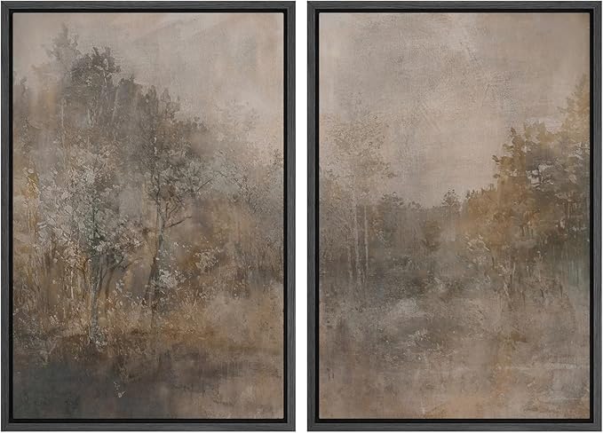 SIGNWIN Framed Canvas Print Wall Art Set Misty Forest Landscape Neutral Woodland Nature Illustrations Modern Art Scenic Colorful for Living Room, Bedroom, Office - 16"x24"x2 Black