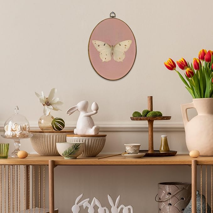 Mcehtle Vintage Butterfly Pink Wall Art Decor, Retro Cottagecore Butterfly Oval Framed Canvas Prints 8.6x11.4, Neutral Moody Farmhouse Wall Hanging Artwork Decorations for Girls Home Bedroom Living Room
