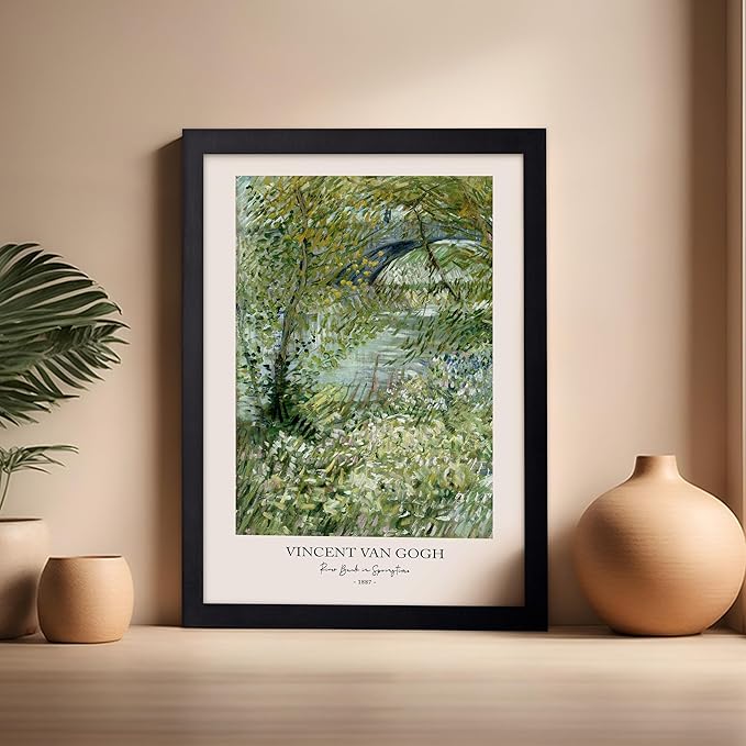 Monem Art Vintage Van Gogh Poster - Retro Impressionist Print - River Bank in Springtime, Flowers, Landscape - Gift for Artist, Friend - Wall Decor for Home, Office, 16x20 Black Framed