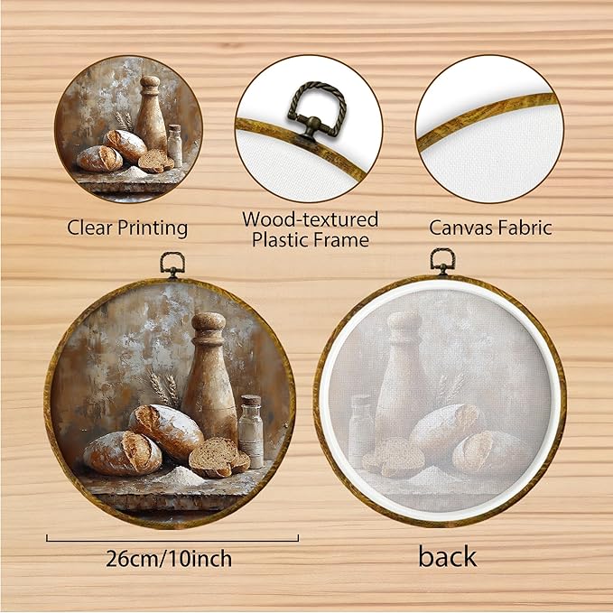 Hiuwevt Vintage Bakery Kitchen Round Wall Art Decor, Rustic Still Life Framed Canvas Prints, Retro Bread Baking Tea Time Round Wall Hanging Decor for Bedroom Home Decorations, 10x10 Inches