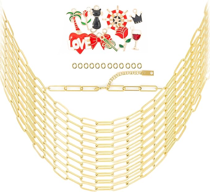 10PCS 4mm 18K Gold Plated 16Inch Paperclip Chain Necklace for Women with 10PCS Alloy Charm Gold Satinless Steel Paperclip Charm Necklace Chain Bulk Bow Crown Love Necklaces