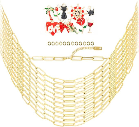 10PCS 4mm 18K Gold Plated 16Inch Paperclip Chain Necklace for Women with 10PCS Alloy Charm Gold Satinless Steel Paperclip Charm Necklace Chain Bulk Bow Crown Love Necklaces