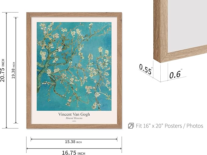 Monem Art Vintage Van Gogh Poster - Retro Almond Blossoms Print - Impressionism Art - Fine Art - Classic Painting Art - Flower Art - Floral Bedroom or Office Wall Decor - 16x20 Beige Framed