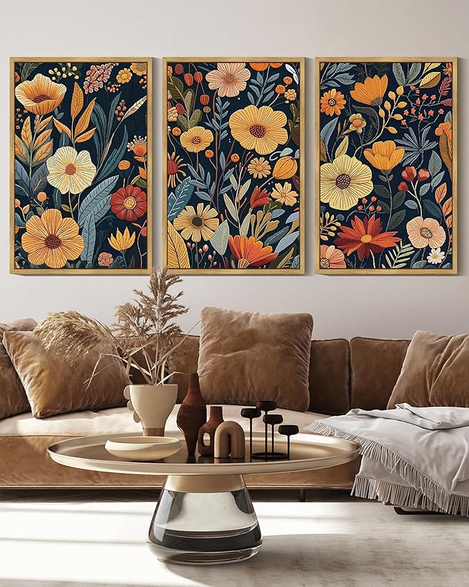 KUVIOKE Vintage Flower Framed Wall Art Colorful Boho Floral Wall Decor Botanical Retro Wildflower Modern Artwork Bedroom Living Home Decor 16x24in (Natural Framed)