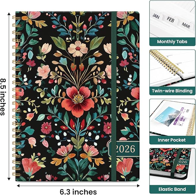 2026 Planner, Weekly and Monthly Calendar Planner for Women, Jan 2026 - Dec 2026, Hardcover Planning Agenda book with Tabs, Spiral Bound, Inner Pocket, Perfect for School Office Supplies, 6.3" x 8.5" - Radiant Petals