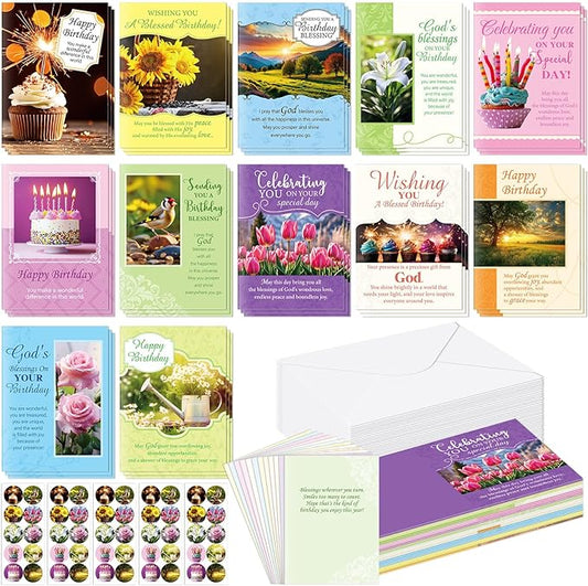 48 Pack Religious Christian Birthday Cards Bulk with Scripture Assorted Bible Verse 4.5 x 6.2 Inch Christian Blessings Birthday Greeting Cards with Envelopes and Stickers (Warm Message Style)