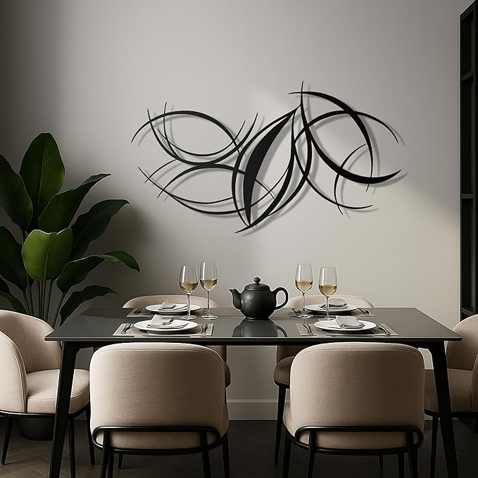 pluviart Modern Abstract Metal Wall Art – Black Curved Lines Sculpture for Living Room, Bedroom or Office – Large 3D Contemporary Home Decor – Minimalist Iron Wall Accent (50”x28”)
