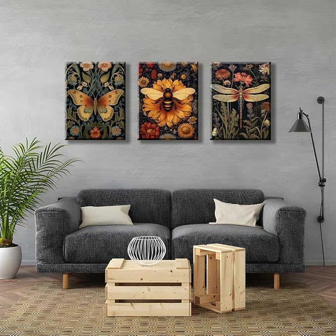 3 PCS William Morris Canvas Wall Art for Home Decor Bee Dragonfly Butterfly Painting Poster William Morris Botanical Insects Pictures Prints Wall Decor for Living Room Bedroom Home Decorations 16×24 in(Stretched Canvas on A Wooden Frame)
