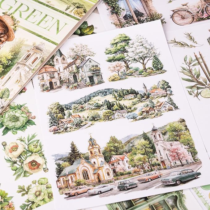 Scrapbook Sticker Book, Fresh Green Journaling Stickers, Junk Journal Supplies, Pre-Cut Aesthetic Scrapbooking for Adults, Decorative Ephemera Bullet Planner DIY Arts Craft Collage