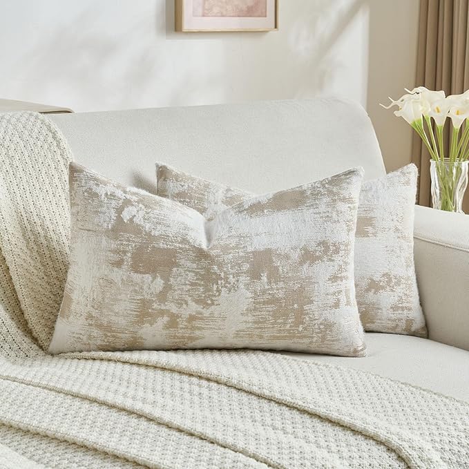 FUTEI Brown White Decorative Throw Pillow Covers 12x20 Inch Set of 2,Jacquard Weave Pillow Case in Soft Faux Cashmere,Modern Home Decor for Couch Living Room