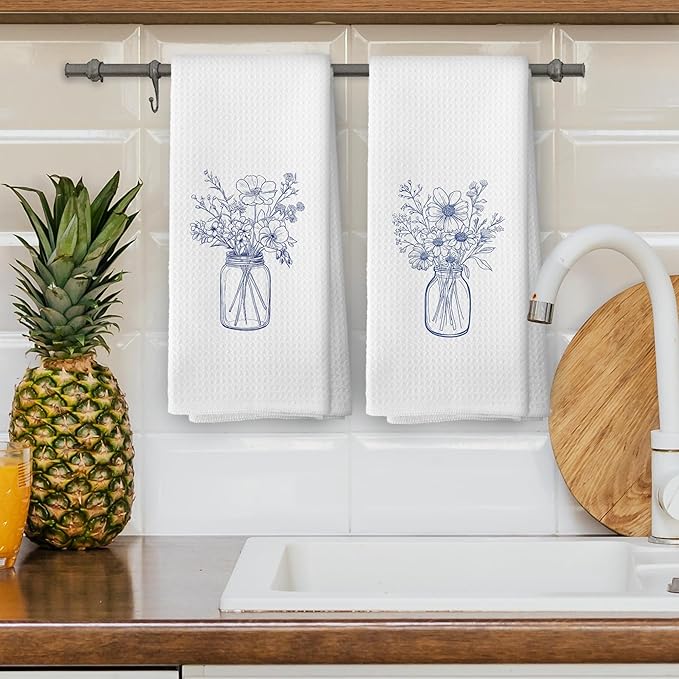 Bohemian Bouquet Kitchen Dish Towels Set of 2, Minimalist Botanical Still Life Decor for Bathroom, Modern Aesthetic Fine Line Floral Hand Towels Kitchen Tea Towels Decorations, 16x24inch