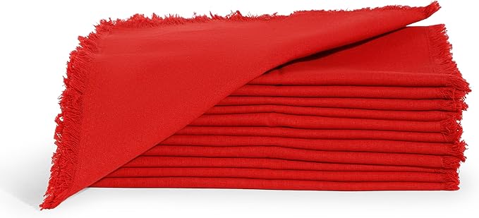 Christmas Dinner Napkins, Beautiful Handmade Fringe Red Cloth Napkins Set of 12 Washable and Reusable, Perfect for Dining, Weddings, Holiday & Everyday Use - 18x18 Inch Red