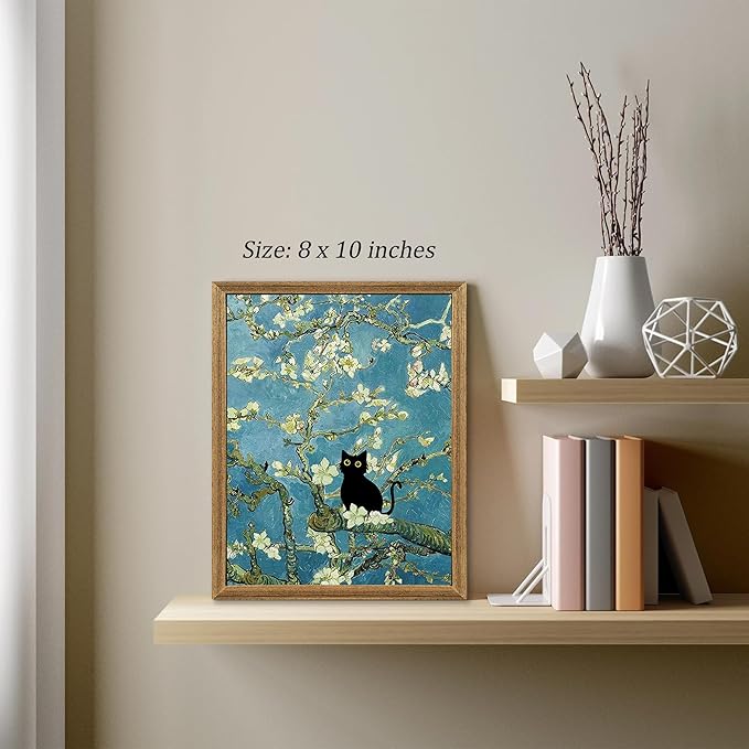Fantasy Artists Van Gogh's Almond Blossom Funny Black Cat Canvas Wall Art, Oil Painting Posters Home Decor, Vintage Abstract Aesthetic Wall Decorations for Living Room Bedroom, 8" X 10"