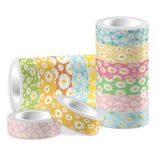 12 Rolls Daisy Washi Tape Set - Spring Summer Flower Decorative Tape for Journals, Planners, Scrapbooking, Packaging & Crafts DIY - 12 Unique Patterns