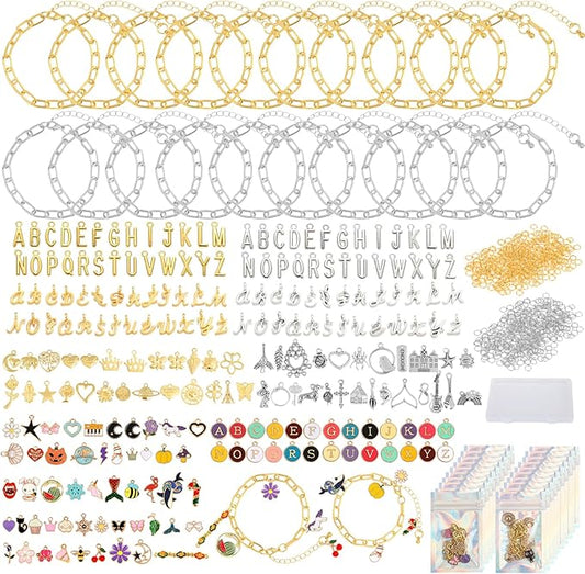 Zplontya Charm Bracelet Making Kit - 571 Pcs Jewelry Supplies with Storage Box & Gift Bags, DIY Bracelet Kit for Adults, Gold & Silver Charms for Crafting