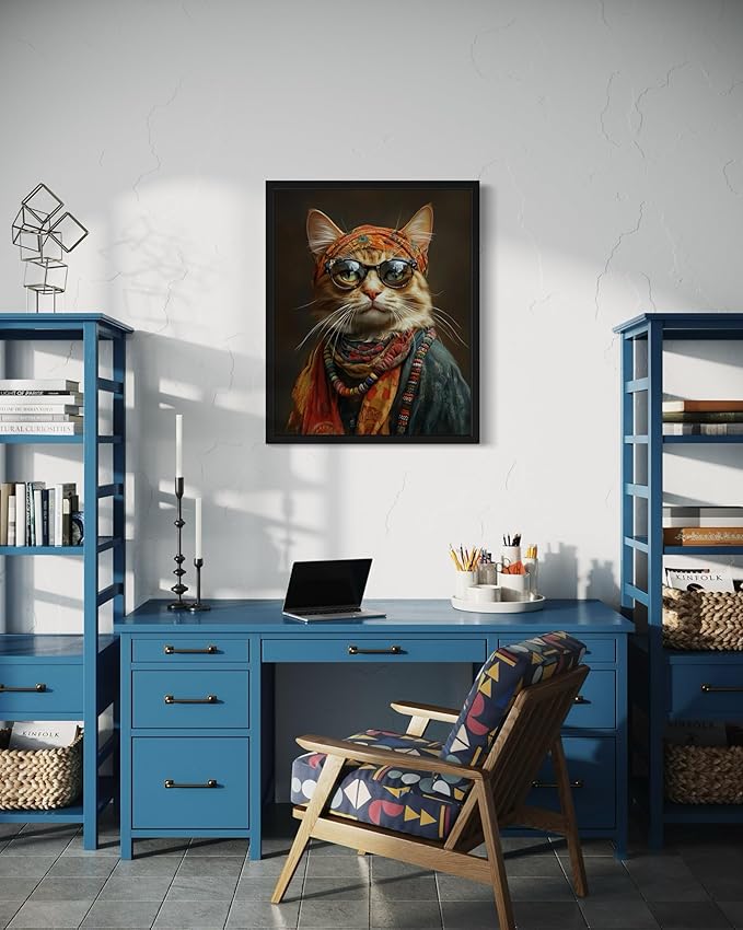 Hippie Portrait Art Poster Print, Cat Kitten Painting Humor Portrait Pet Artwork Decor Gallery A8 (11 x 14 inches, Unframed)