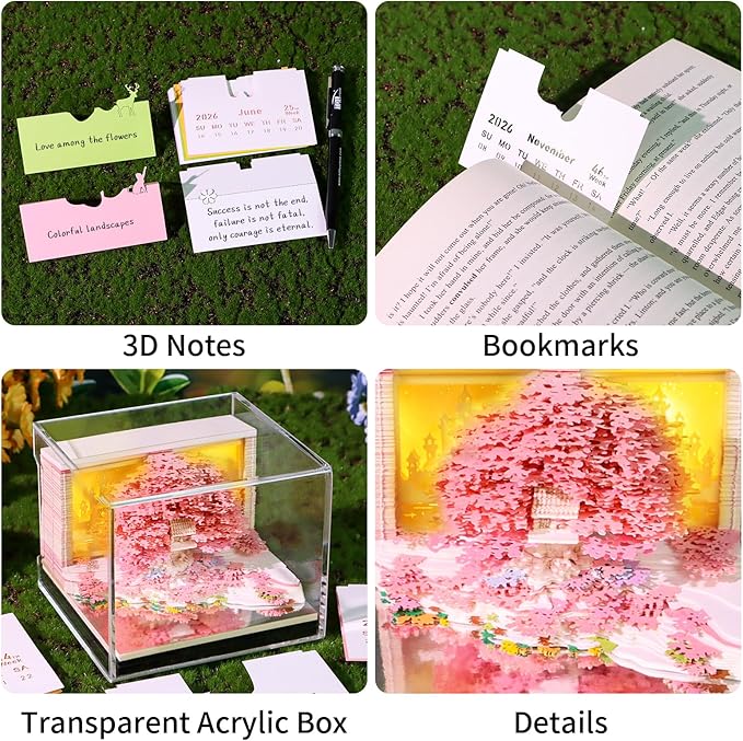 3D Calendar 2026, Flower Sea and Tree Island Time Piece Calendar 2026, Daily Tear-Off Memo Pad with LED Glow, Paper Carving Desktop Decoration, Unique Holiday & New Year Paper Craft Gift, Pink