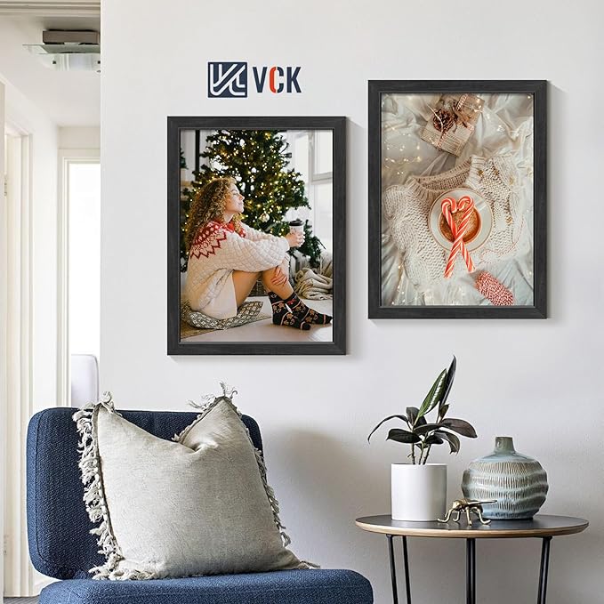 VCK 12x16 Picture Frames Black Set of 5, Wide Border Wood, Tempered Glass, Display 8.5x11 Photo with Mat or 12 x 16 without, for Home, Office, Gallery, Woodgrain Series, Wall Hanging