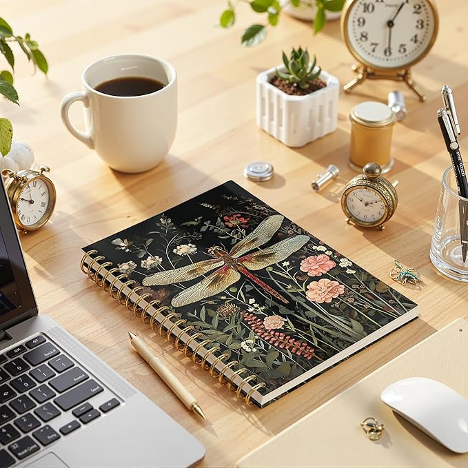 Vintage Floral Dragonfly Notebook, Dark Green Cottagecore Botanical Dragonfly Journal, Rustic Dark Academia Insect Spiral Notebook Journal, 5.5x8.3 Inch