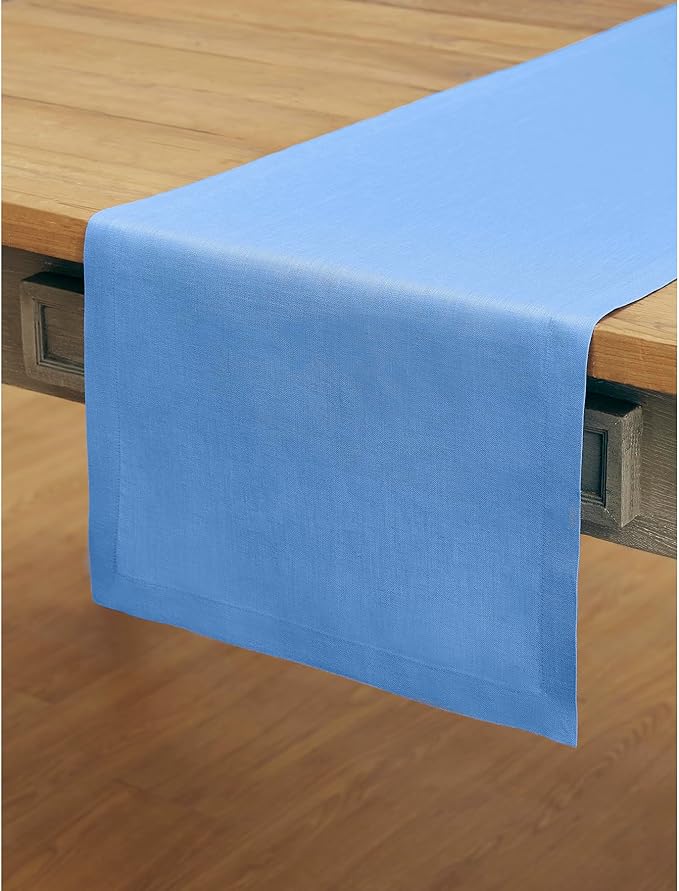 Solino Home Linen Table Runner 108 Inches Long - 100% Pure Linen Provence Blue Dining Table Runner 14 x 108 Inch - Fete - Winter, Spring, Easter