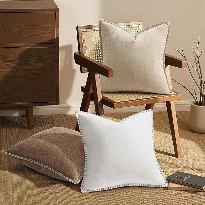 decorUhome Spring Chenille Soft Throw Pillow Covers 22x22 Set of 2, Farmhouse Velvet Neutral Decorative Euro Sham Pillow Covers with Stitched Edge for Couch Sofa Bed Home Decor, Brown