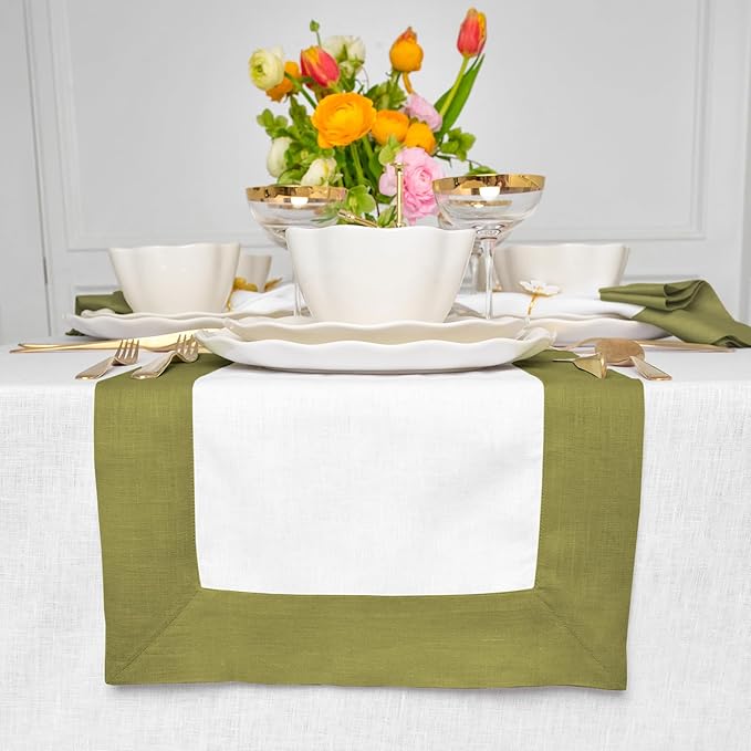 Solino Home Linen Table Runner 120 Inches Long - 100% Pure Linen Avocado and White Dining Table Runner 14 x 120 Inch for Winter, St Patricks Day - Contempo