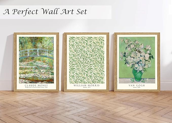 Induslyfe Framed Grass Wall Art Canvas Decor Set of 3, Matisse Wall Art Framed Prints Posters Mid Century Modern Art, Gogh Morris Floral Botanical wall art living room, bathroom, bedroom 12x16