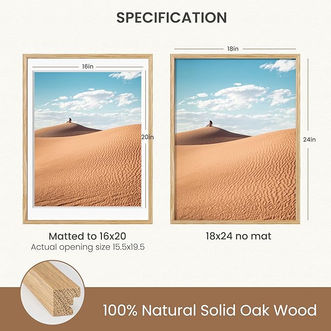 Dreamland 18x24 Picture Frame, Natural Oak Wood Poster Frame with Mat for 16x20, 18 x 24 Matted Picture Frames with Tempered Real Glass for Wall Art Photo and Prints, Oak Color, Set of 2