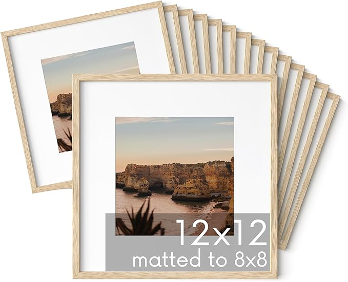 HAUS AND HUES Beige Oak Wood 12x12 Picture Frames - Set of 15, Square Frames with Mat, Modern Gallery Wall Frames for Photos (12x12 in, Beige, Set of 15)