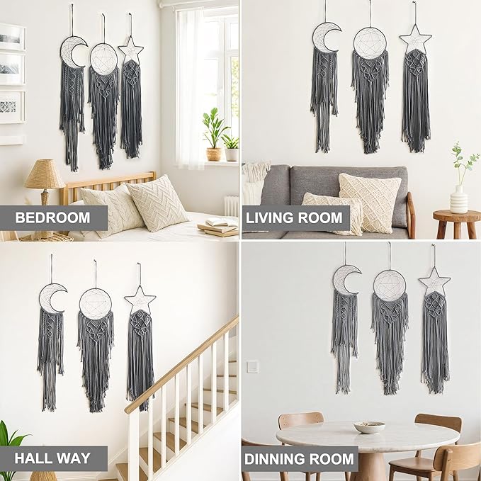 3 Pack Macrame Hanging Tapestry Wall Art Set Boho Woven Tapestries Sun Moon Star Large Dream Catcher Gray Wall Decor Bedroom Aesthetic Living Room Decor
