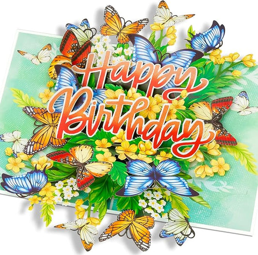 Floral Butterflies Pop Up Card, Happy Birthday, Flowers, 3D Greeting Cards, Gifts for Mom, Mother in Law, Wife, Girlfriend, Sister, 5x7 - Includes Envelope And Message Note