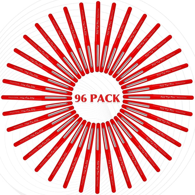 96 Pcs Red Felt Tip Pens 0.7mm Medium Point Pens Bulk, Felt Tip Markers for Journaling, Writing, Note Taking, Planner, Ideal for Office School Art Supplies Gift