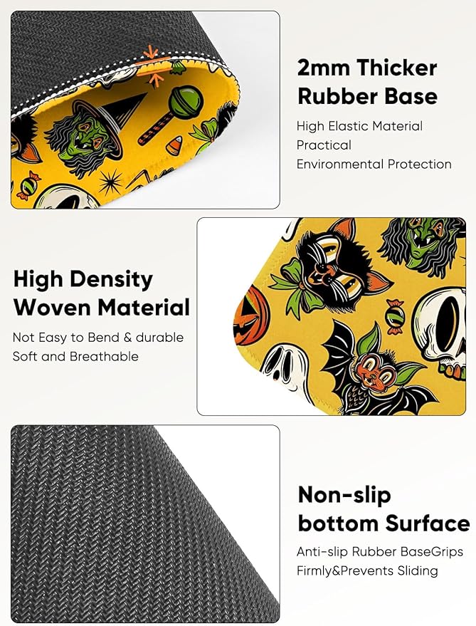 Seorsok Halloween Funny Pumpkin Mouse Mat,Skeleton Skull Decor Mouse Pads for Office Laptop,Washable Square Mousepads with Extended Stitched Edges Non Slip Rubber Base 9.5"x7.8"x0.12" Inch,Yellow