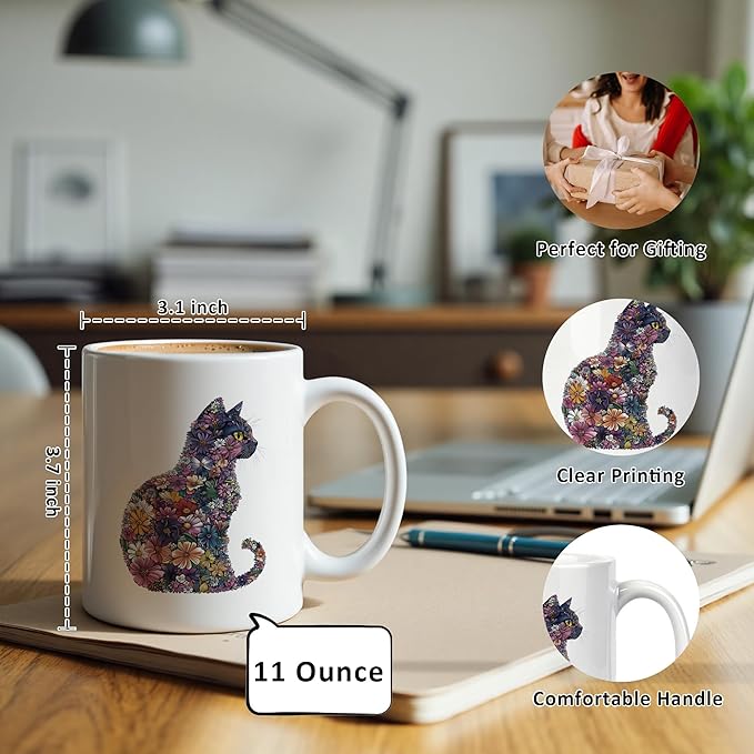 Wildflower Cat Mug 11 oz, Cat Lover Gifts for Women, Cats Mom Lady Gifts Coffee Cups Ceramic, Aesthetic Kitten Ceramic Mug for Coffee Tea Hot Cocoa Home Office Work