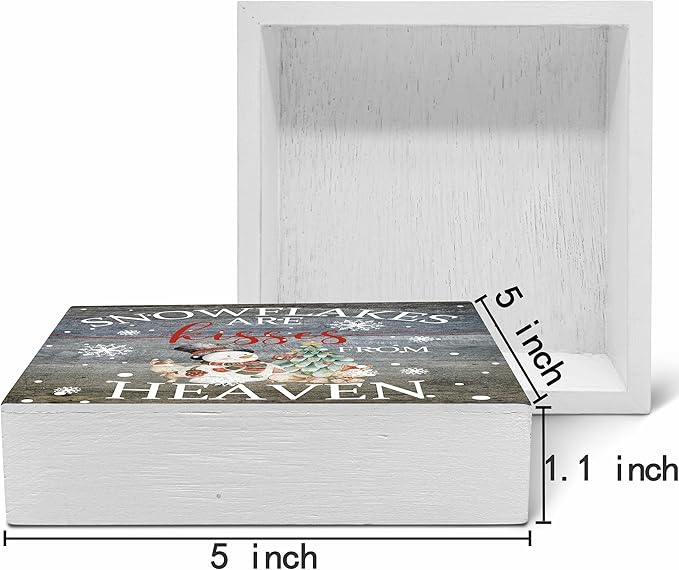 SRADMO Christmas Snowflakes are Kisses from Heaven Wood Box Sign Desk Decor, Winter Signs Box Sign Decoration for Home Office, Snowman Decor Signs Plaques
