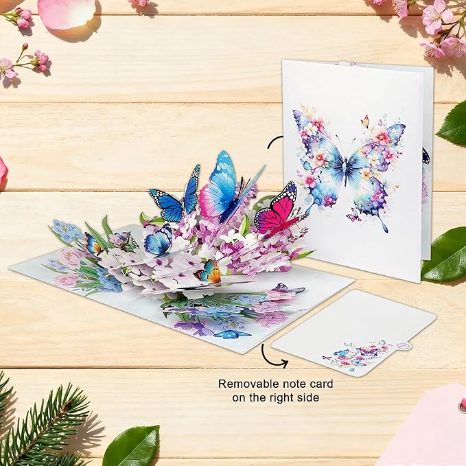 Butterflies with Flowers 3D Pop-Up Greeting Card Handmade Paper Floral Notecard, Pop Up Cards for Birthday, Thank You, Get Well, Anniversary, Valentine, Christmas, Gifts for Women, Mom, Wife