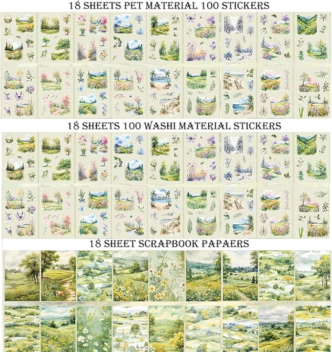 Plant Landscape Scrapbook Stickers 36 Sheets 200 Pre-Cut Washi Stickers for Journaling PET Transparent Sticker 18 Sheets Scrapbook Paper Decorative or DIY Crafts Arts and Crafting Projects
