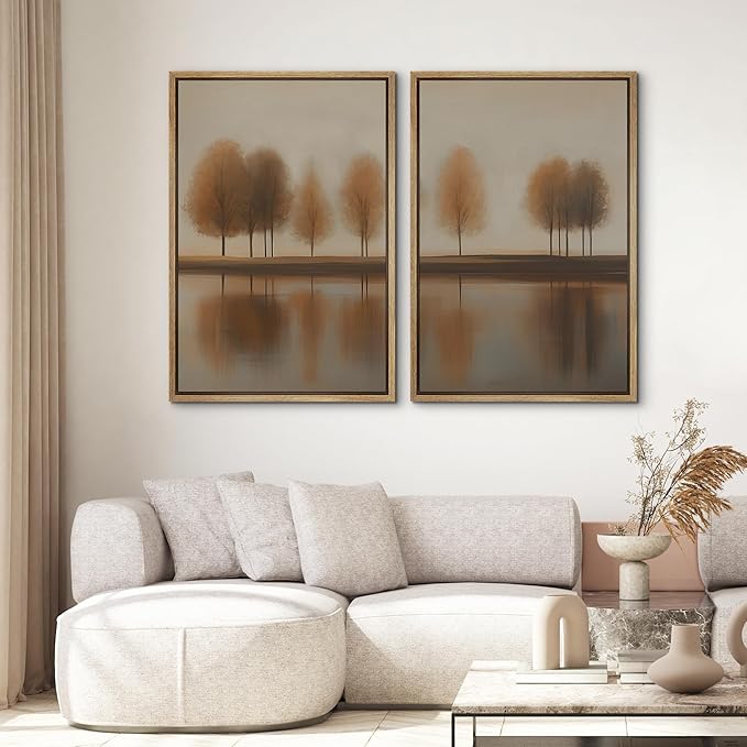 SIGNWIN Framed Canvas Print Wall Art Set Autumn Trees by The Lake Warm Brown Landscape Illustrations Modern Art Scenic Colorful for Living Room, Bedroom, Office - 16"x24"x2 Natural