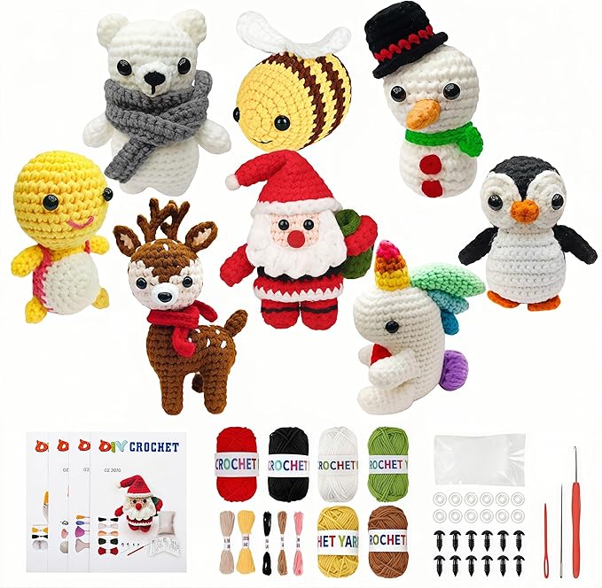 Hebuck 8Pcs Crochet Kit for Beginners, Easy Christmas Knitting Kit for Crochet Lovers, Beginner Crochet Kit for Adults, Crochet Animal Kits with Step by Step Videos Tutorials