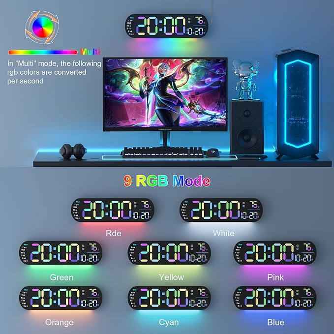 Digital Wall Clock with 13.7-Inch Display, Wall Clock with 9-Color Backlight, Remote Control, Dual Alarms, DST Mode, and Indoor Temperature, Modern Digital Clock