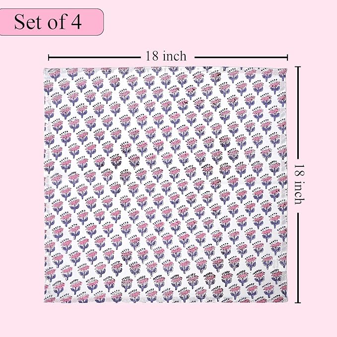 CPC Cloth Napkins 100% Cotton Set of 4 Reusable Napkins, Indian Block Print Toile Floral Dinner Napkin, Fall Thanksgiving Christmas Holiday Party Gift - Soft Absorbent Napkin, 18"x18" Pink Sapphire