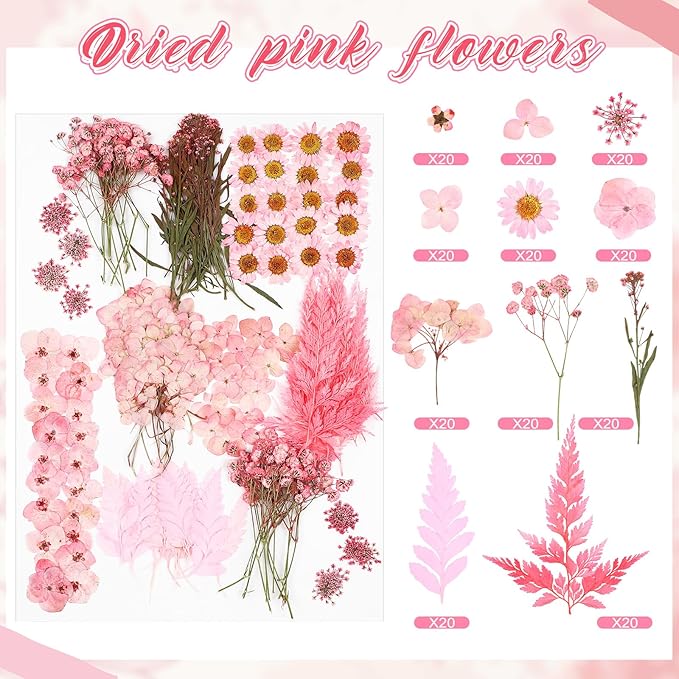 Fabbay 200 Pcs Dried Pressed Flowers Real Dry Natural Flower Leaf Dried Flowers for Resin Pressed Flower Kit for Plant Herbarium Scrapbooking DIY Candle Crafts (Pink)