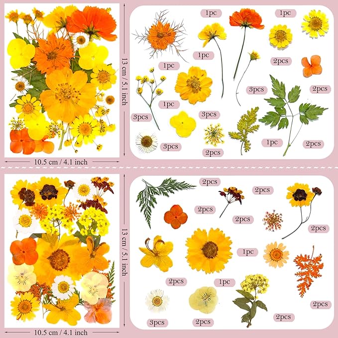 94 Pcs Yellow Pressed Dried Flowers for Resin, Real Natural Bulk Dry Wildflowers Leaves Perfect for Epoxy Molds, DIY Crafts, Home Decor, Soap Candles Jewelry Making