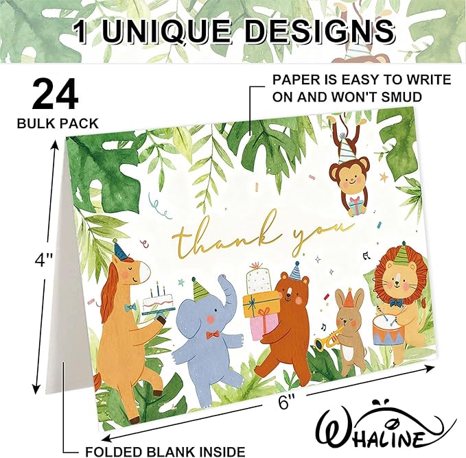 Whaline 24 Pack Jungle Animals Thank You Cards Greeting Card Greenery Forest Annimal Blank Note Card with Envelopes Stickers for Baby Shower Birthday, 4 x 6 Inch