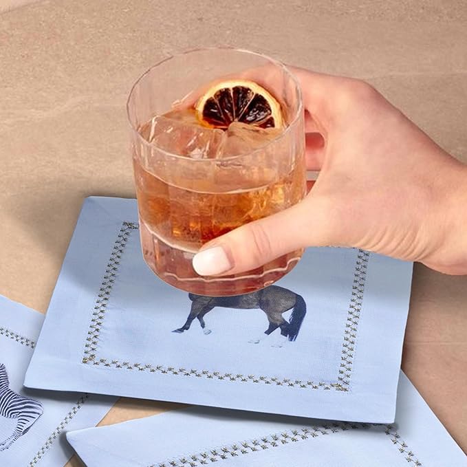 Cocktail Napkins Set of 6, 6x6 inch, 100% Pure Cotton, Printed Animal Pattern, Reusable & Washable Cloth Coasters for Beverages, Hosting, Gifting & Everyday Use (Horse)