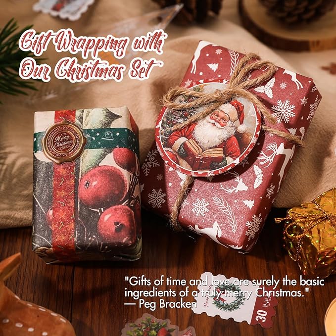 OKUPAN 157 Pcs Christmas Scrapbooking Supplies Kit - Vintage Junk Journaling Supplies, PET Stickers, Washi Tape for Bullet Journals, DIY Crafts, Planner Decor, and Holiday Gifts for Women & Adults